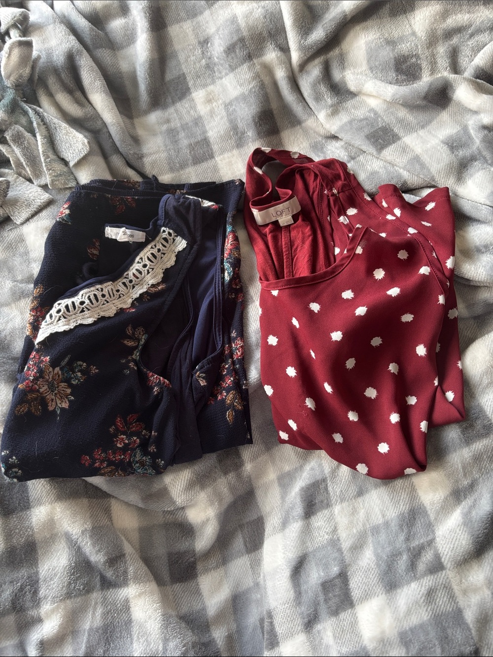 LOFT Burgundy Polka Dot Shell Top& Maurice’s blue top with flowers